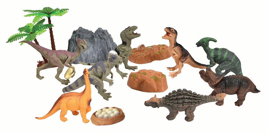 This collection of authentically detailed dinosaurs and accessories comes in an eco-friendly, reusable bucket for hours of imaginative play and convenient storage! Bucket lids feature a twist locking mechanism to keep the pieces in place for travel or storage.  15 assorted plastic dinosaurs and accessories, 3” - 5” long Sustainable toys
