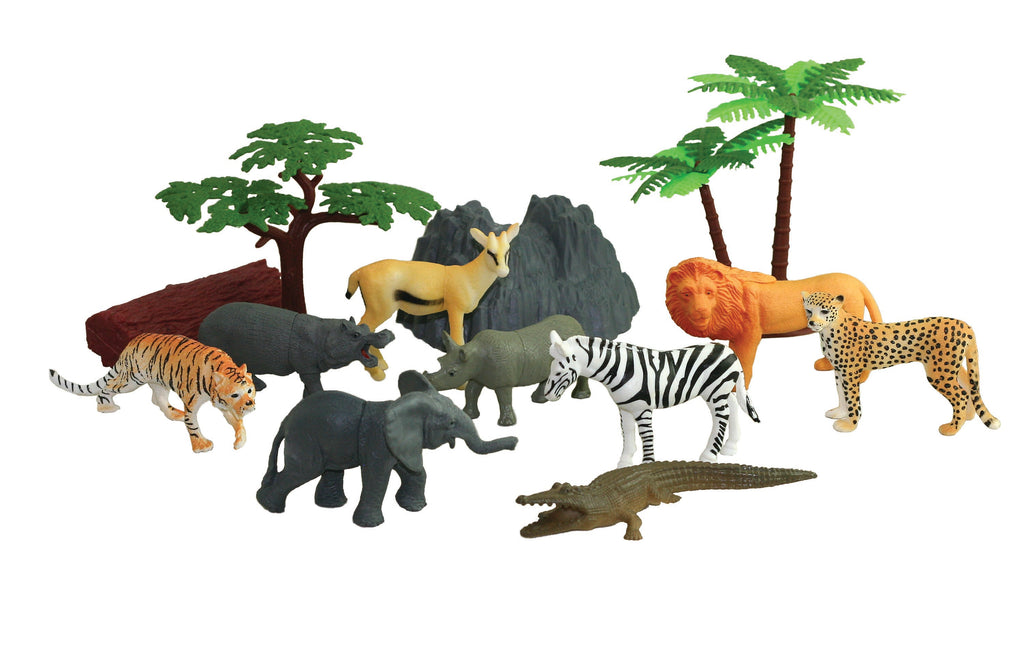 This collection of authentically detailed wild animals and accessories comes in an eco-friendly, reusable bucket for hours of imaginative play and convenient storage! Bucket lids feature a twist locking mechanism to keep the pieces in place for travel or storage.  15 assorted plastic wild animals and accessories, 3” - 5” long Sustainable toys
