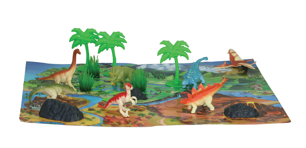 This collection of authentically detailed dinosaurs and accessories comes in an eco-friendly, reusable bucket for hours of imaginative play and convenient storage! Bucket lids feature a twist locking mechanism to keep the pieces in place for travel or storage. Free playmat included!   18 assorted plastic dinosaurs, accessories and playmat, dinosaurs measure 3” long Mini Bucket Sustainable Toys