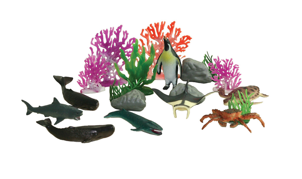 This collection of authentically detailed ocean animals and accessories comes in an eco-friendly, reusable bucket for hours of imaginative play and convenient storage! Bucket lids feature a twist locking mechanism to keep the pieces in place for travel or storage. Free playmat included!  18 assorted plastic sea creatures, accessories and playmat, animals measure 3” long Mini Bucket Sustainable toys