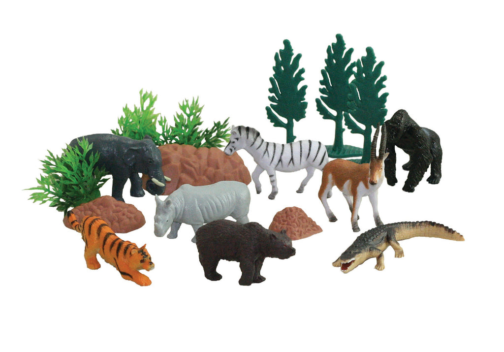 This collection of authentically detailed wild animals and accessories comes in an eco-friendly, reusable bucket for hours of imaginative play and convenient storage! Bucket lids feature a twist locking mechanism to keep the pieces in place for travel or storage. Free playmat included!  18 assorted plastic wild animals, accessories and playmat, animals measure 3” long Mini Bucket Sustainable Toys