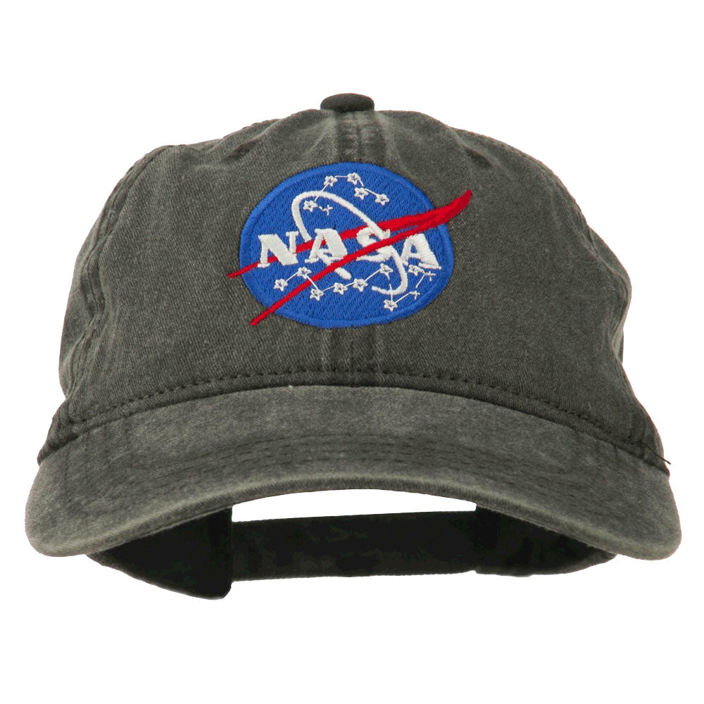 Pigment Dyed 100% Washed Cotton Black Baseball Dad Cap Hat featuring Embroidered Official NASA Logo Insignia with One Size Fits All Adjustable Buckle Strap Closure.