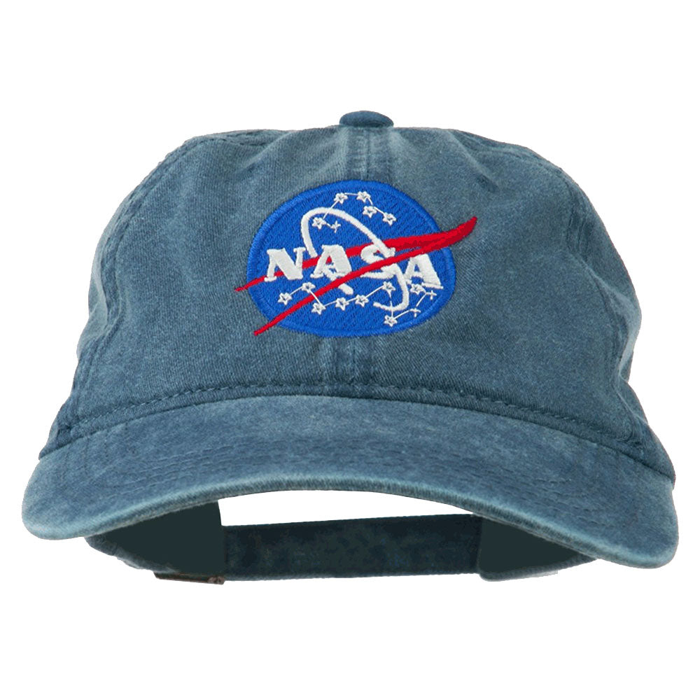 Pigment Dyed 100% Washed Cotton Blue Baseball Dad Cap Hat featuring Embroidered Official NASA Logo Insignia with One Size Fits All Adjustable Buckle Strap Closure.