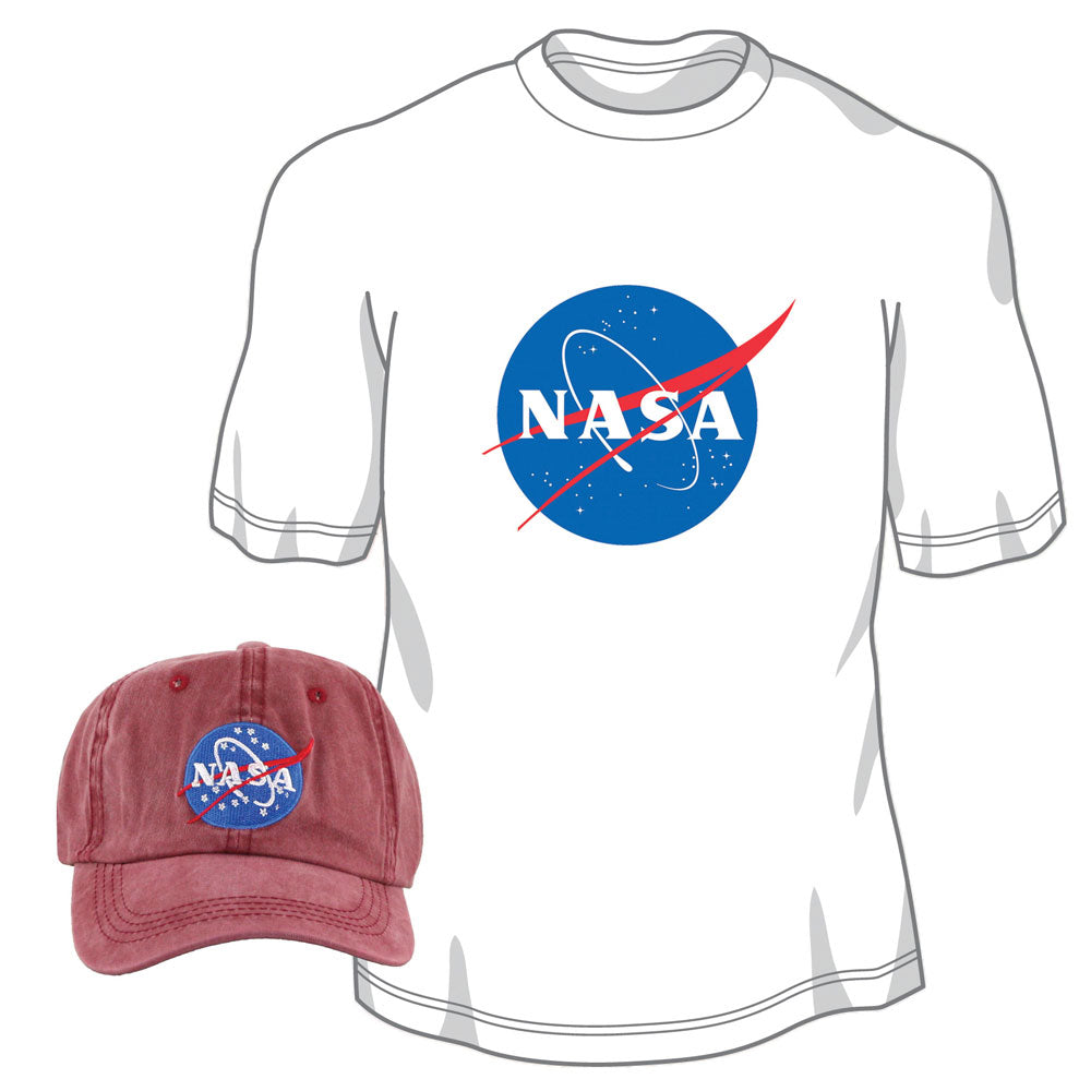 Pigment Dyed 100% Washed Cotton Maroon Adjustable Buckle Strap Closure One Size Fits All Baseball Dad Hat and 100% Preshrunk, Heavyweight Cotton White T Shirt both featuring the Official NASA Logo Insignia.