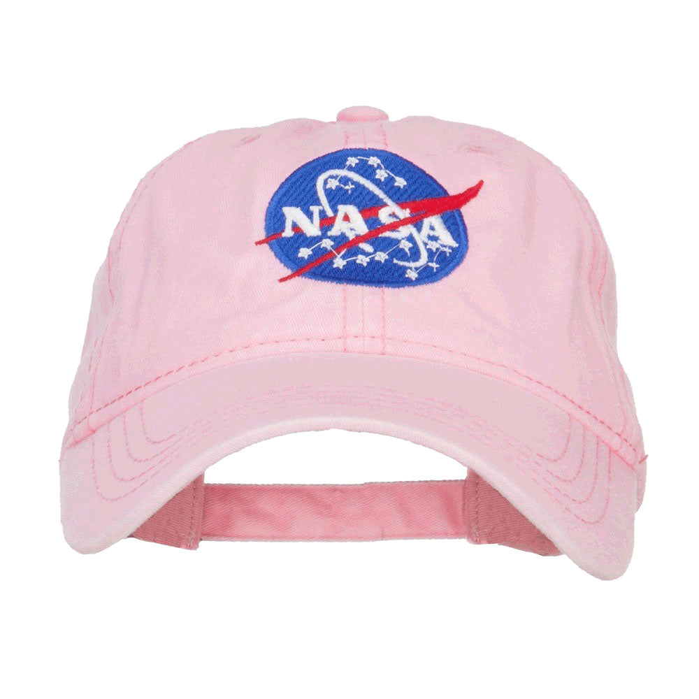 Pigment Dyed 100% Washed Cotton Pink Baseball Dad Cap Hat featuring Embroidered Official NASA Logo Insignia with One Size Fits All Adjustable Buckle Strap Closure.