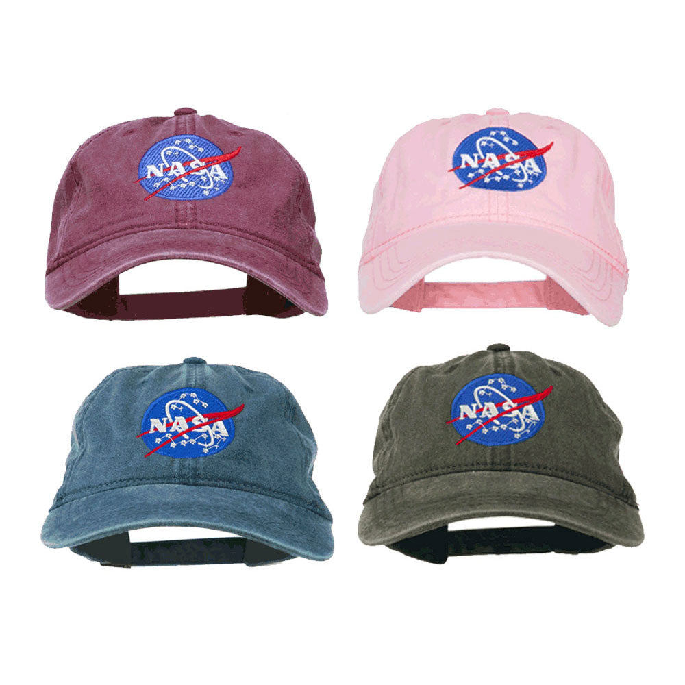Pigment Dyed 100% Washed Cotton Baseball Dad Cap Hat featuring Embroidered Official NASA Logo Insignia with One Size Fits All Adjustable Buckle Strap Closure in 4 Assorted Colors.