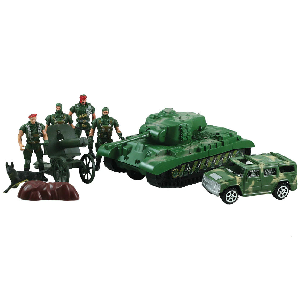 9 Piece Plastic Playset Featuring an 8 inch Tank with Moving Turret and Pullback Action, Military Humvee, Cannon, 4 Posable Soldiers and a K-9 Dog by Classic Armour.