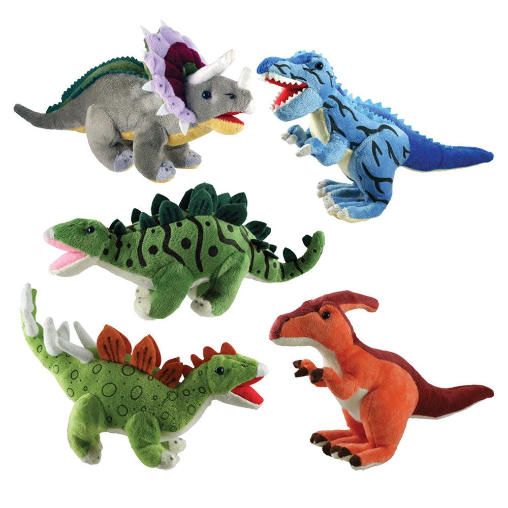 Set of 5 Super Soft Plush Stuffed Animal Dinosaurs featuring a T-Rex, Triceratops, Stegosaurus, Parasaurolophus and Kentrosaurus each measuring 12 inches long by Cuddle Zoo.