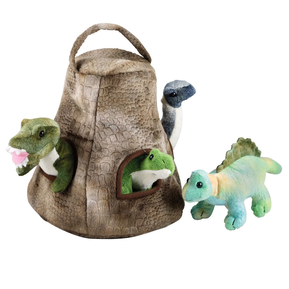 Super Soft Plush Stuffed Animal Dinosaur House with Carry Handle featuring a T-Rex, Stegosaurus, Apatosaurus and Spinosaurus each measuring 7 inches long by Cuddle Zoo.