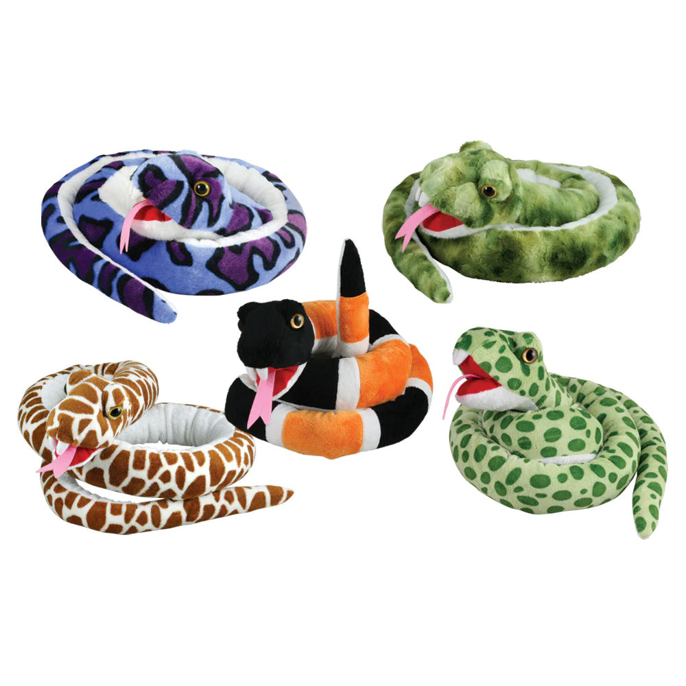 These impressive 58-inch long snakes are made using colorful super-soft plush. Everyone will want to get their hands on these adorable reptiles.  Quantity: 5 Snakes (one of each style) Made of extremely soft high-quality plush Realistic markings Each snake measures 58 inches long