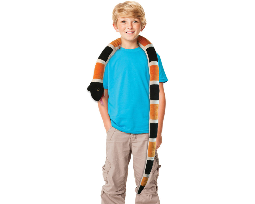 Child shown with Super Soft Highly Detailed Colorful Plush Stuffed Animal Snake around his shoulders to show Size.