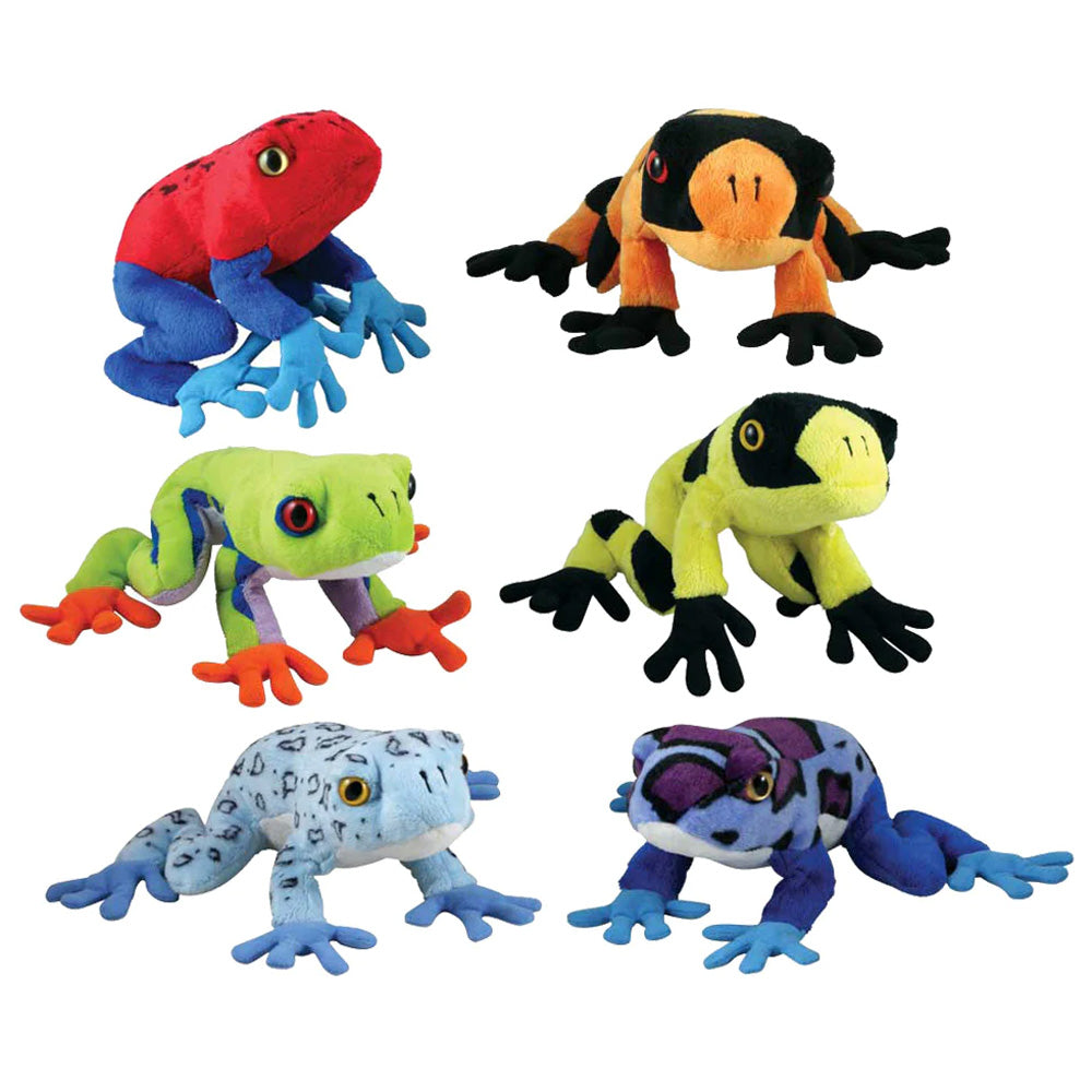 SET of 6 Super Soft Highly Detailed Colorful Plush Stuffed Animal Tree Frogs each measuring 7 inches long by Cuddle Zoo.