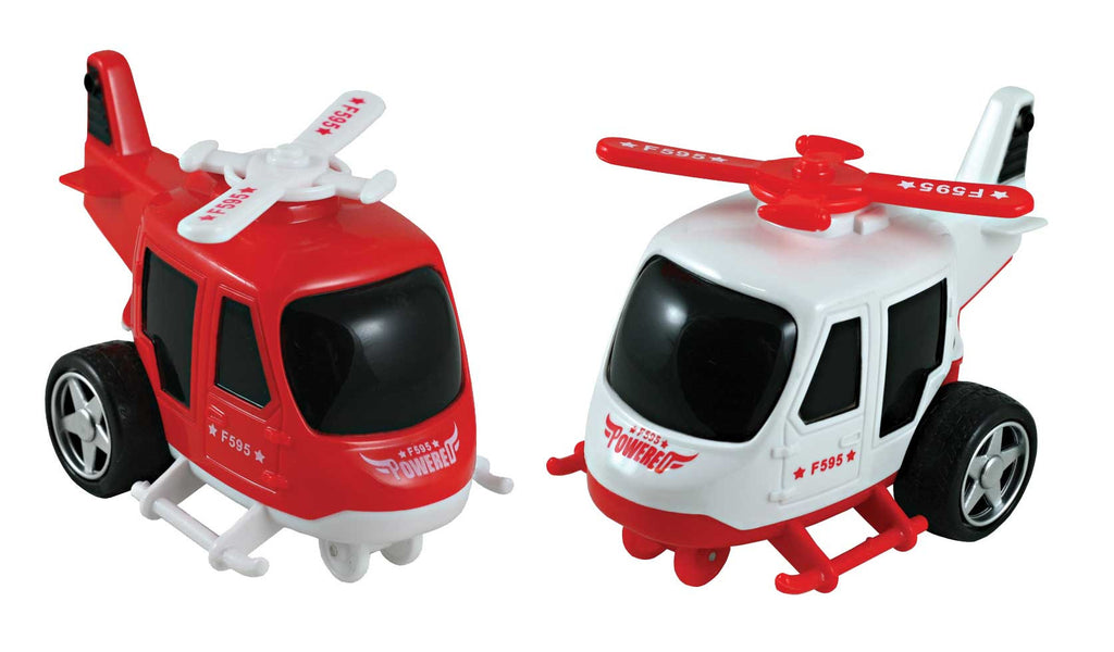 SET of 2 Friction-Powered Red and White Durable Plastic Helicopters that Spin Around and Change Direction upon Hitting an Obstacle.