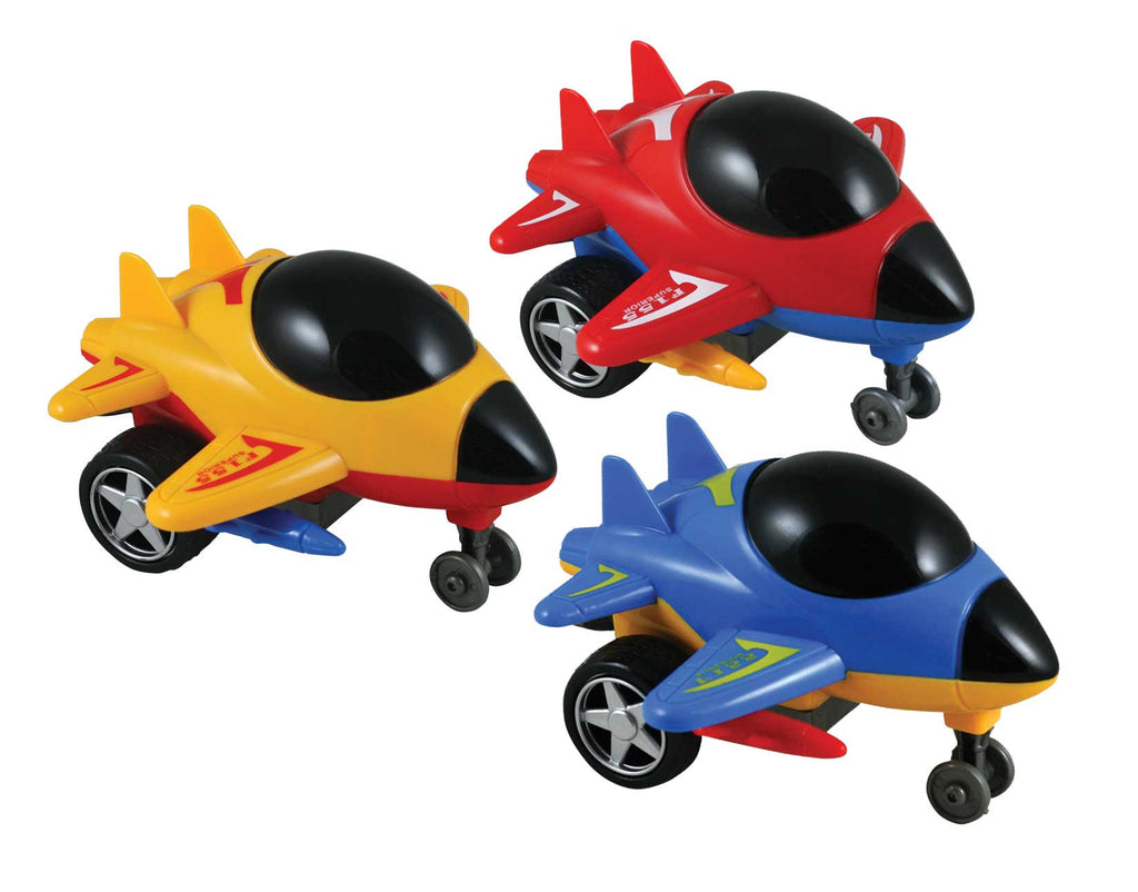SET of 3 Friction-Powered Blue, Red and Yellow Durable Plastic Jets that Spin Around and Change Direction upon Hitting an Obstacle.