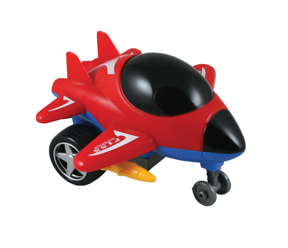 Friction-Powered Red Durable Plastic Jet that Spins Around and Changes Direction upon Hitting an Obstacle.