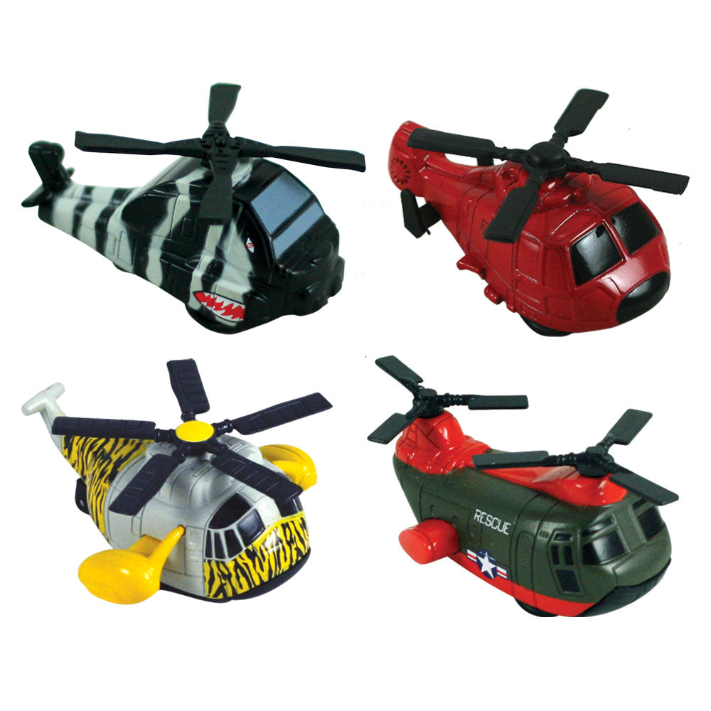 SET of Four 2.5 Inch Long Colorful Durable Die Cast Metal Helicopters with Spinning Rotors and Friction Powered Pullback Action.