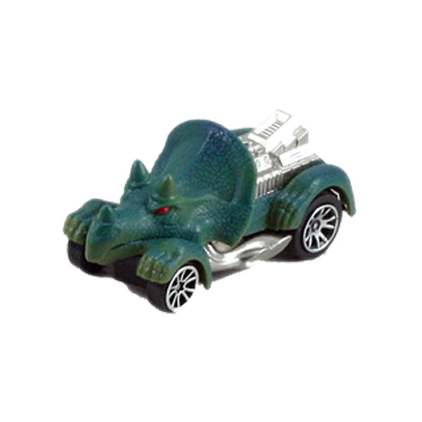 Friction Powered Dinosaur Triceratops Matchbox Car with Glowing Red Eyes and Silver Accents.