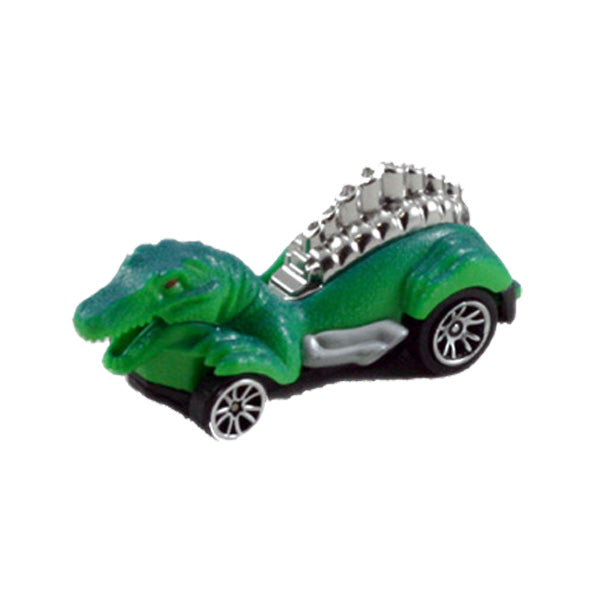 Friction Powered Dinosaur Velociraptor Matchbox Car with Glowing Red Eyes and Silver Accents.