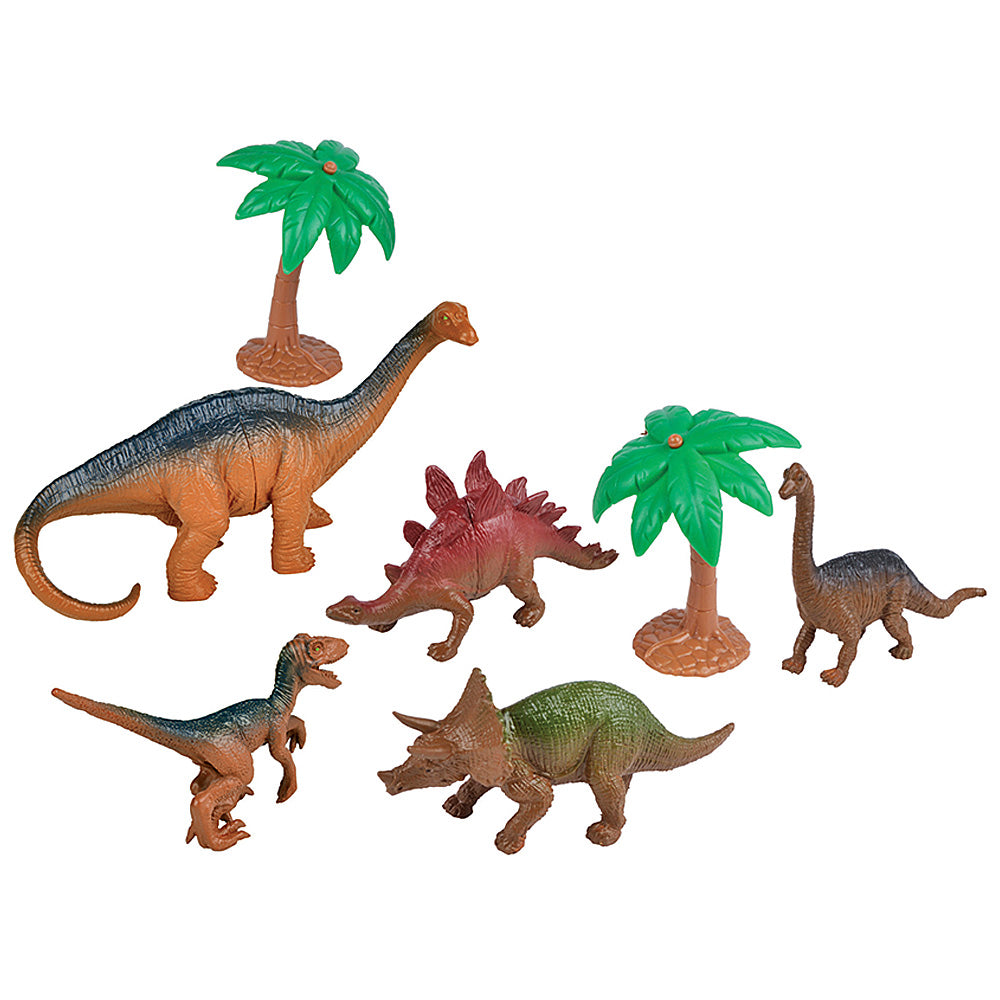 These dinosaur playsets are assorted between two different styles and feature a great variety of realistic prehistoric replicas and accessories for hours of imaginative fun! Dinosaurs measure 3”-6” long.  Dinosaurs measure 3”-6” long. Dinosaurs featured include Stegosaurus, Brachiosaurus, Apatosaurus, Velociraptor and Triceratops.