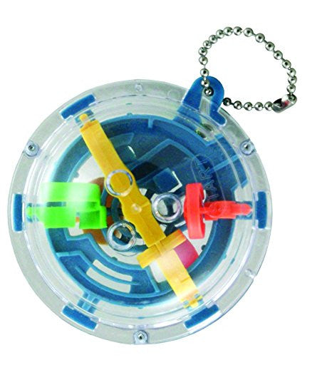 Plastic 3-Dimensional Keychain with Encased Metal Ball to be moved through a Challenging Maze.
