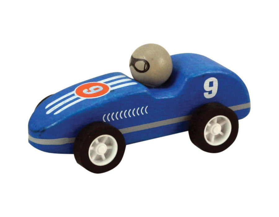 Blue Durable Wooden Friction Powered Pullback Race Car with the Number 9 measuring 4 Inches Long.