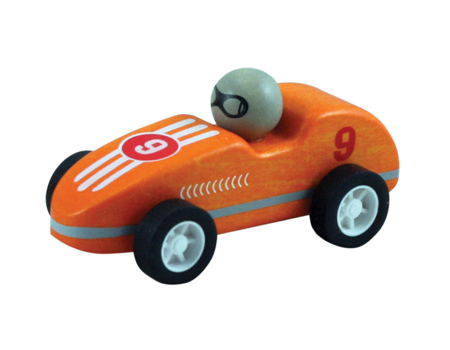 Orange Durable Wooden Friction Powered Pullback Race Car with the Number 9 measuring 4 Inches Long.
