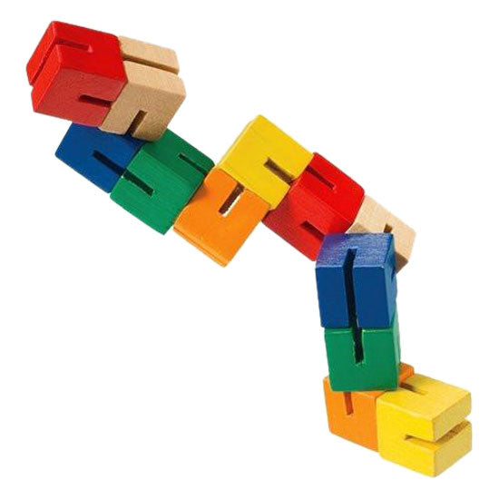 Durable Wooden Puzzle Fidget Toy Composed of 12 Colorful Cubes Strung Together by Heavy Duty Nylon Elastic and Painted with Lead Free Paint. 