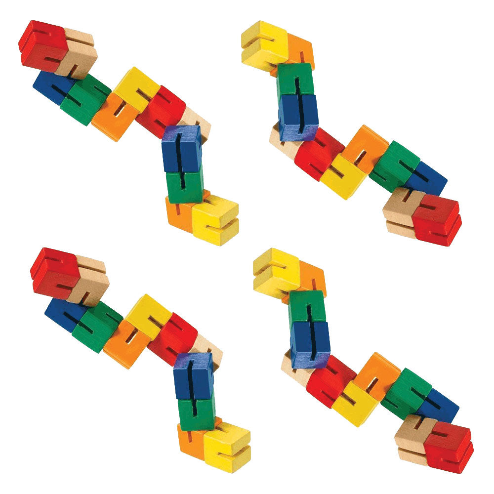 SET of 4 Durable Wooden Puzzle Fidget Toys each Composed of 12 Colorful Cubes Strung Together by Heavy Duty Nylon Elastic and Painted with Lead Free Paint. 