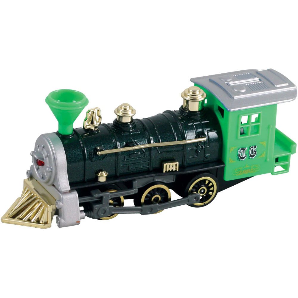7 Inch Long Green Durable Die Cast Metal and Plastic Steam Locomotive Train featuring Friction Powered Pullback Action and Working Side Rails.