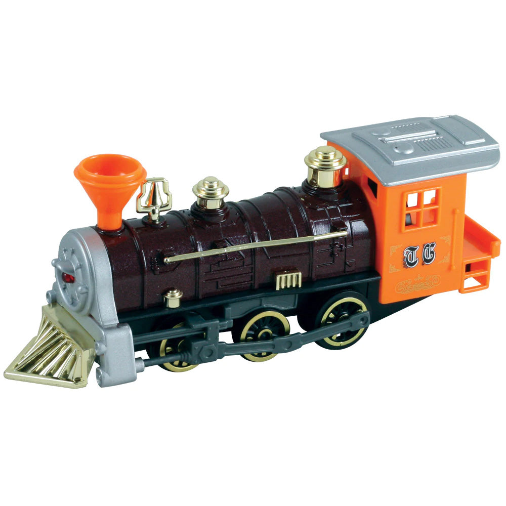 7 Inch Long Orange Durable Die Cast Metal and Plastic Steam Locomotive Train featuring Friction Powered Pullback Action and Working Side Rails.