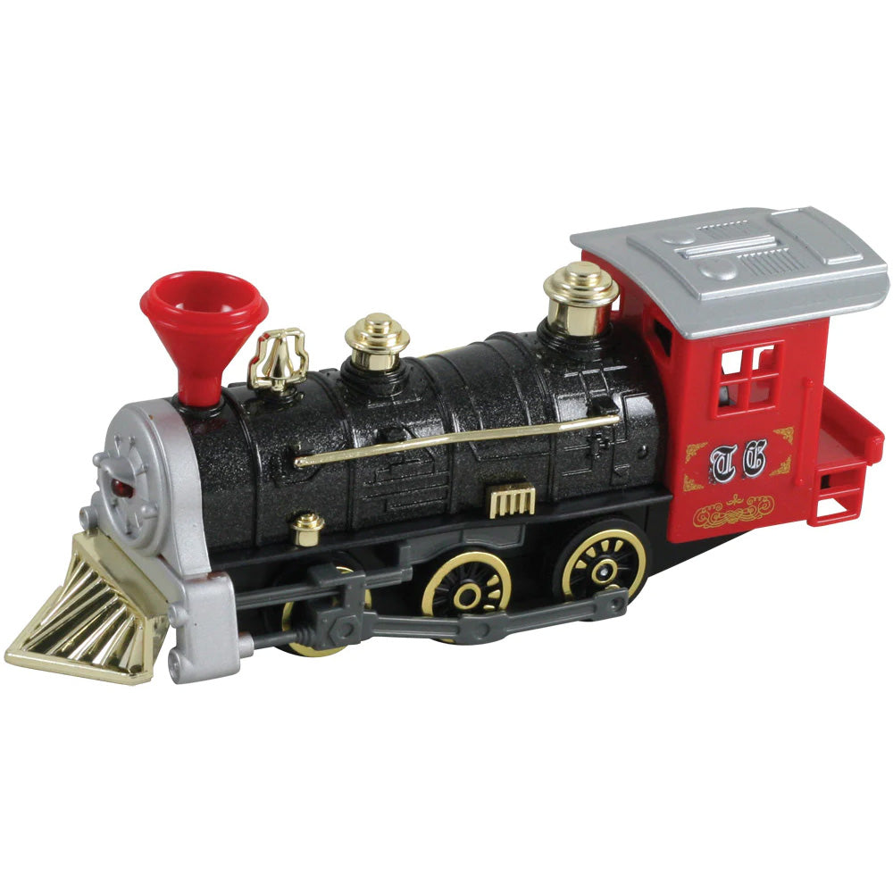 7 Inch Long Red Durable Die Cast Metal and Plastic Steam Locomotive Train featuring Friction Powered Pullback Action and Working Side Rails.
