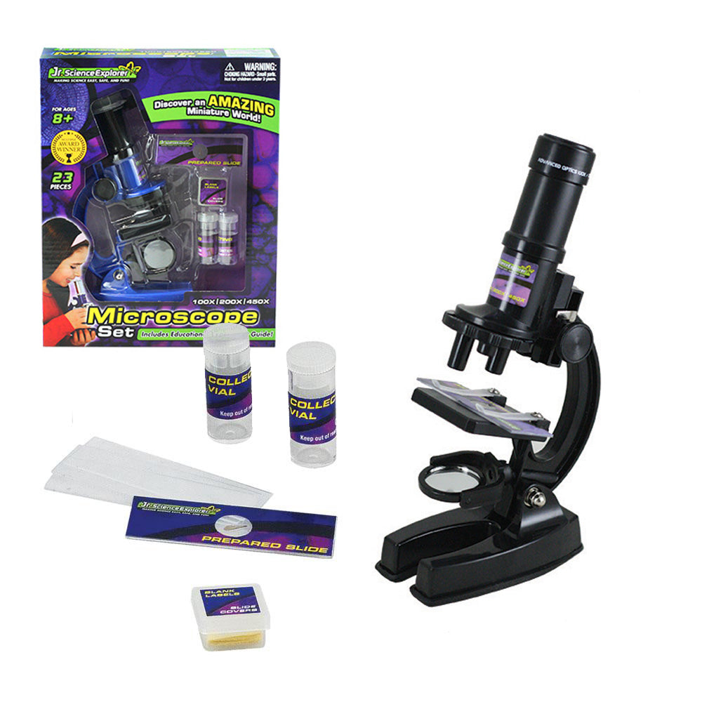 Jr Science Explorer STEM toy, 8.5 Inch Tall Durable Blue Microscope for Kids with Three Lens Turret for 100x, 200x & 450x Magnification, 1 Prepared Slide, 4 Blank Slides, 5 Cover Slips, 2 Collecting Vials and Educational, Easy to Follow Experiment Guide.