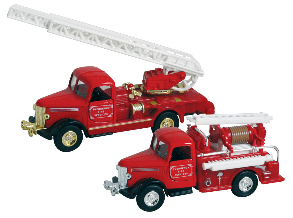 Realistic Vintage Red Die Cast Metal Fire Engine from the 1940s Featuring Friction-Powered Pullback action, Doors that Open and Working Ladders.