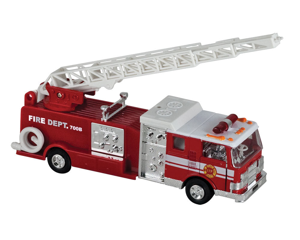 7.5 Inch Long Bright Red Fire Truck Engine with Friction Powered Pullback Action, Opening Doors, Swiveling Extendable Ladder and Realistic Lights & Sounds.