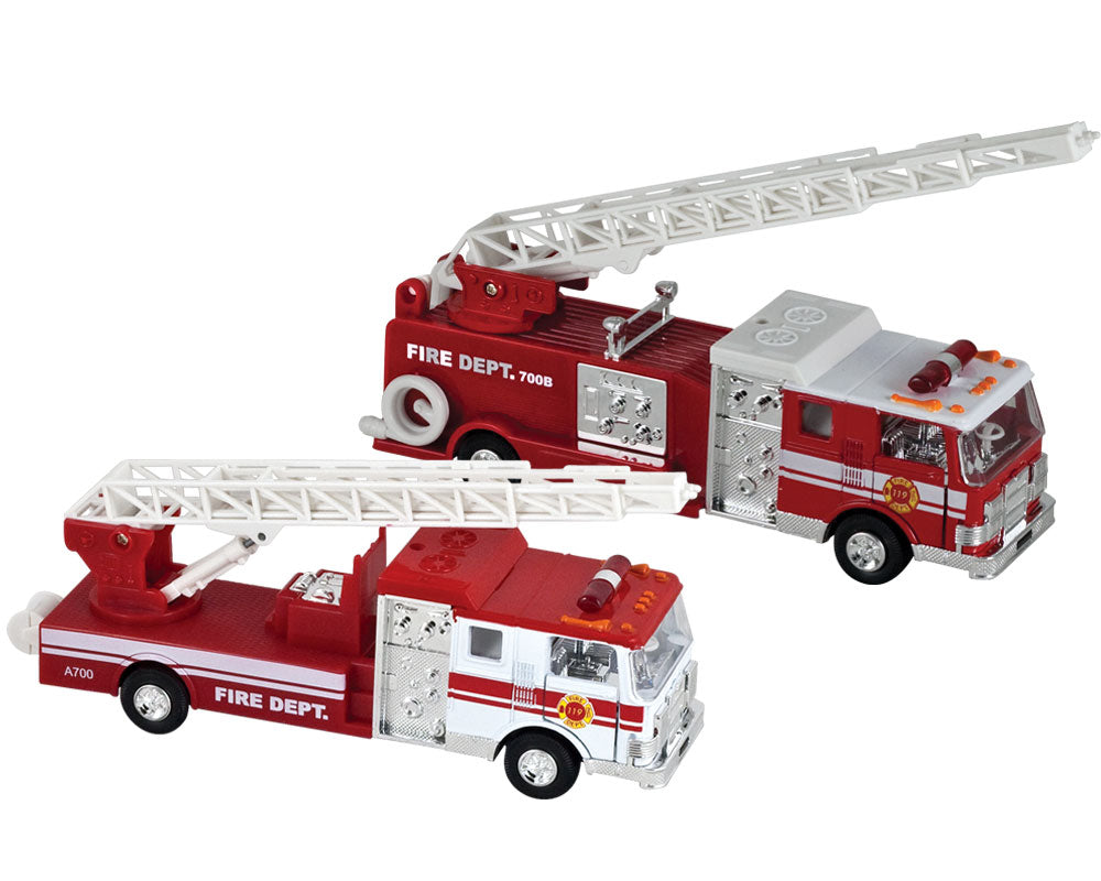 SET of 2 7.5 Inch Long Bright Red Fire Truck Engines with Friction Powered Pullback Action, Opening Doors, Swiveling Extendable Ladders and Realistic Lights & Sounds.