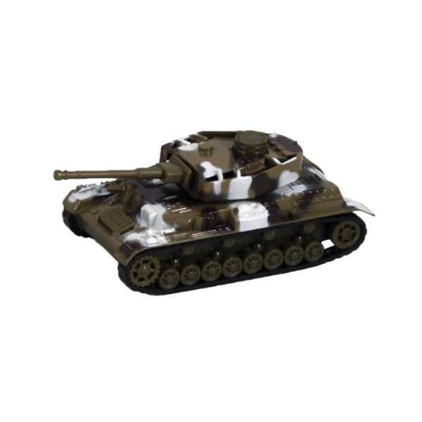 5 Inch Long Durable Die Cast Metal Friction Powered Pullback Action  Camouflage Military Tank with Turret that moves Up and Down Manually and Side to Side when Moving Along. Comes in 6 Assorted Styles.