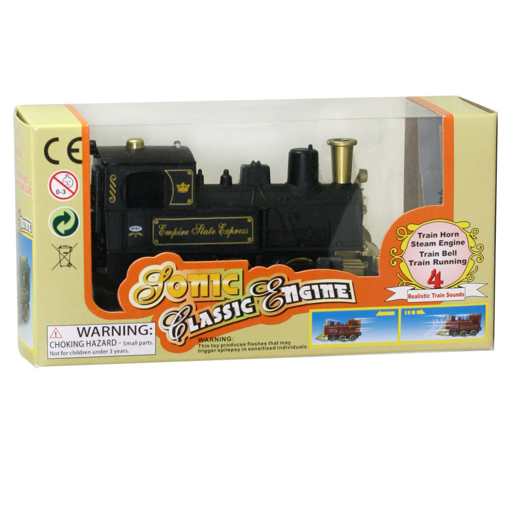 Rail enthusiasts will love this this classic steam engine made from sturdy diecast metal. It features pullback action, working side rails, a flashing light and traditional locomotive sounds!  Pull Back & Go Action! Diecast metal and plastic 5 inches long Pullback Train Toy