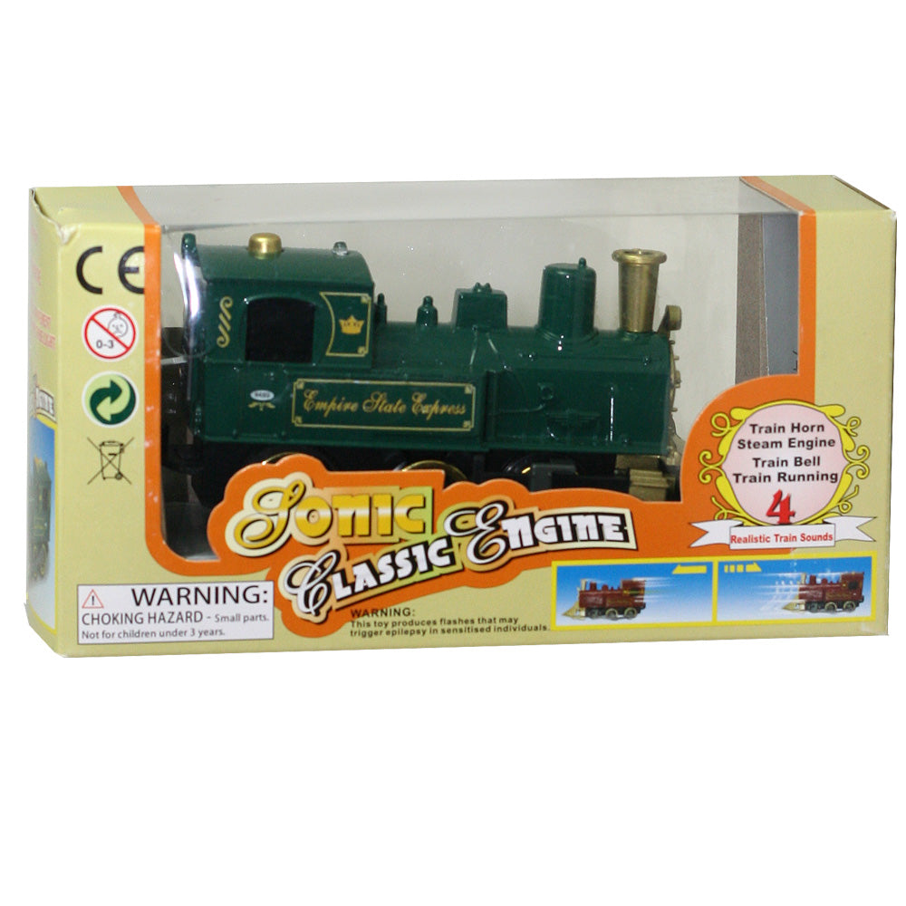 Rail enthusiasts will love this this classic steam engine made from sturdy diecast metal. It features pullback action, working side rails, a flashing light and traditional locomotive sounds!  Pull Back & Go Action! Diecast metal and plastic 5 inches long Pullback Train Toy