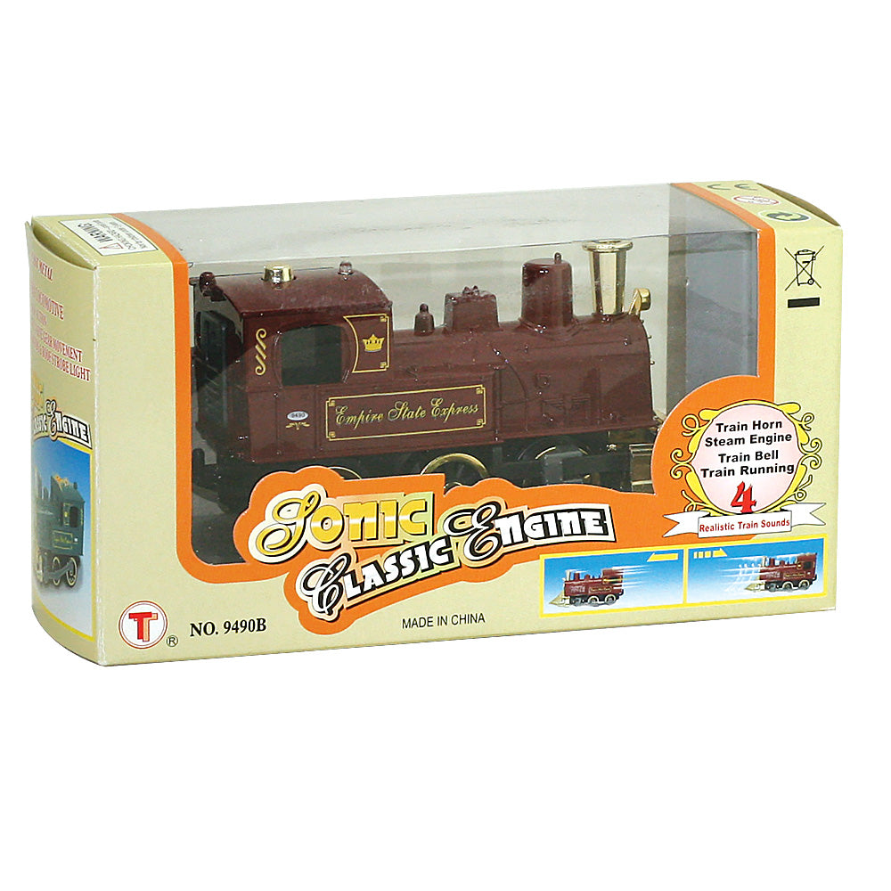 Rail enthusiasts will love this this classic steam engine made from sturdy diecast metal. It features pullback action, working side rails, a flashing light and traditional locomotive sounds!  Pull Back & Go Action! Diecast metal and plastic 5 inches long Pullback Train Toy