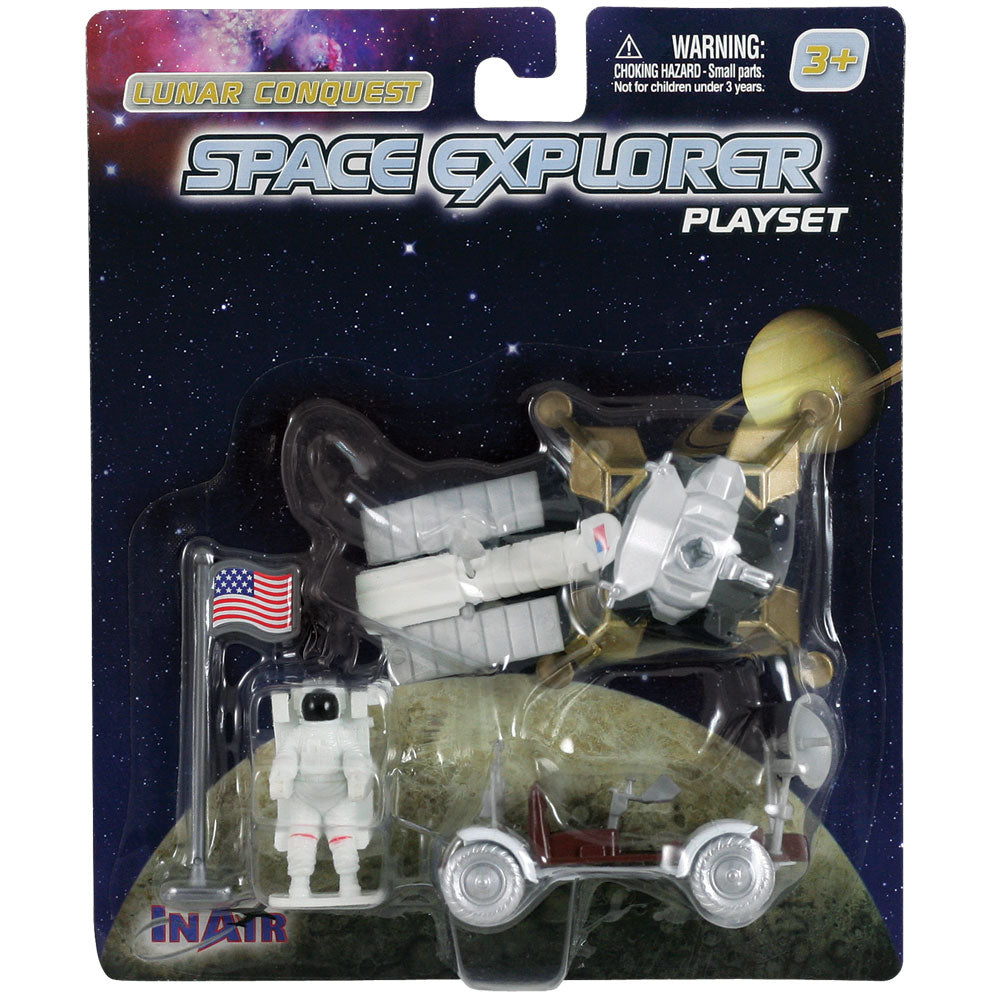 5 Piece Die Cast Metal and Plastic NASA Lunar Rover Playset including Lunar Lander, Lunar Rover, Satellite, Astronaut and an American Flag in its Original Packaging.
