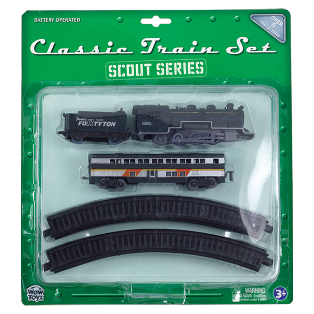 10-Piece Battery Operated Die Cast Metal and Plastic Hobby Model Scout Series Train Set with Black Steam Engine, Coal Car and Black Passenger Car Including 8 Sections of Snap Together Track to Make a 6 Foot Circle.