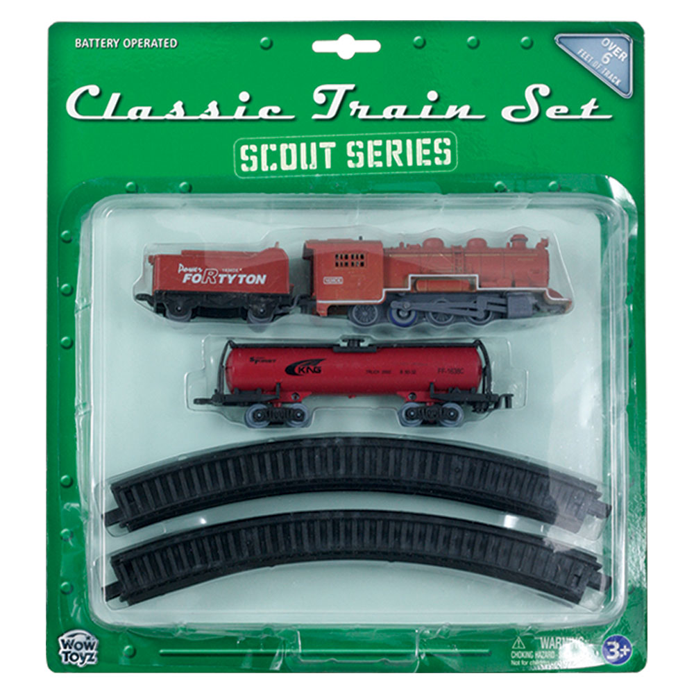 10-Piece Battery Operated Die Cast Metal and Plastic Hobby Model Scout Series Train Set with Red Steam Engine, Coal Car and Freight Car Including 8 Sections of Snap Together Track to Make a 6 Foot Circle.