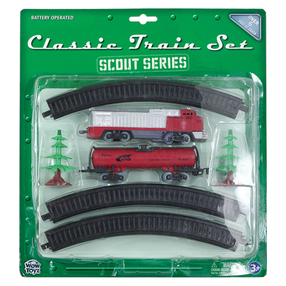 10-Piece Battery Operated Die Cast Metal and Plastic Hobby Model Scout Series Train Set with Silver Diesel Engine, Freight Car and Scale Trees Including 8 Sections of Snap Together Track to Make a 6 Foot Circle.