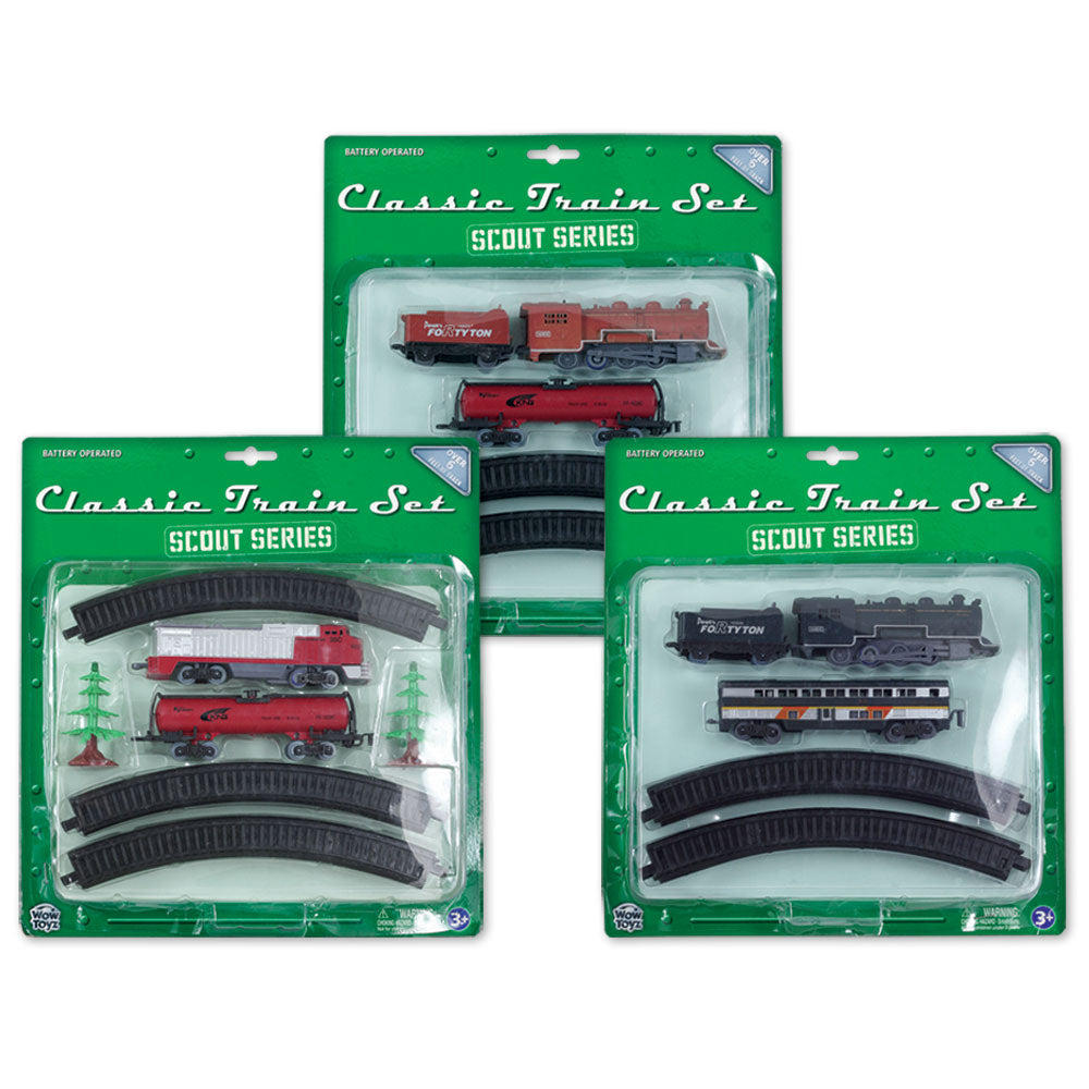 SET of 3 10-Piece Battery Operated Die Cast Metal and Plastic Hobby Model Scout Series Train Sets Steam & Diesel Engine and Freight Cars each Including 8 Sections of Snap Together Track to Make a 6 Foot Circle.
