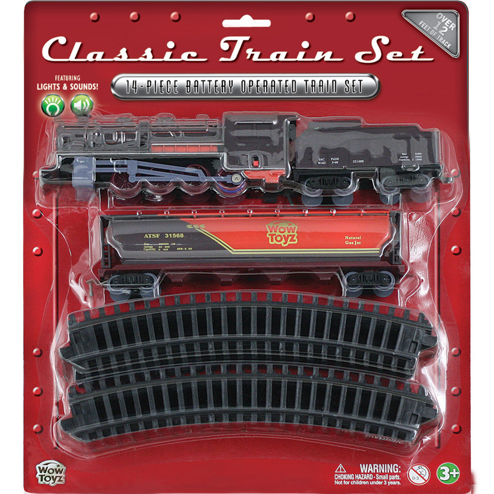 14-Piece Battery Operated Die Cast Metal and Plastic Hobby Model Classic Train Set with Lights & Sounds Steam Engine, Coal Car, Tanker Car, and 12 Sections of Curved Track. Comes in Convenient Reusable Carrying Case.