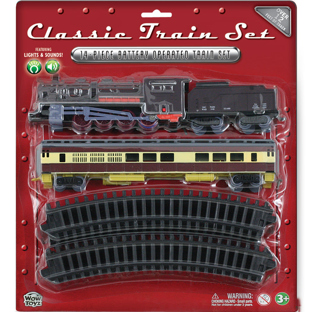 14-Piece Battery Operated Die Cast Metal and Plastic Hobby Model Classic Train Set with Lights & Sounds Steam Engine, Coal Car, Passenger Car, and 12 Sections of Curved Track. Comes in Convenient Reusable Carrying Case.