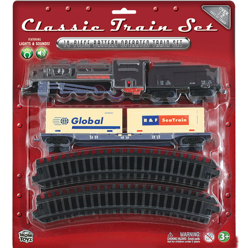 14-Piece Battery Operated Die Cast Metal and Plastic Hobby Model Classic Train Set with Lights & Sounds Steam Engine, Coal Car, Cargo Container Car, and 12 Sections of Curved Track. Comes in Convenient Reusable Carrying Case.