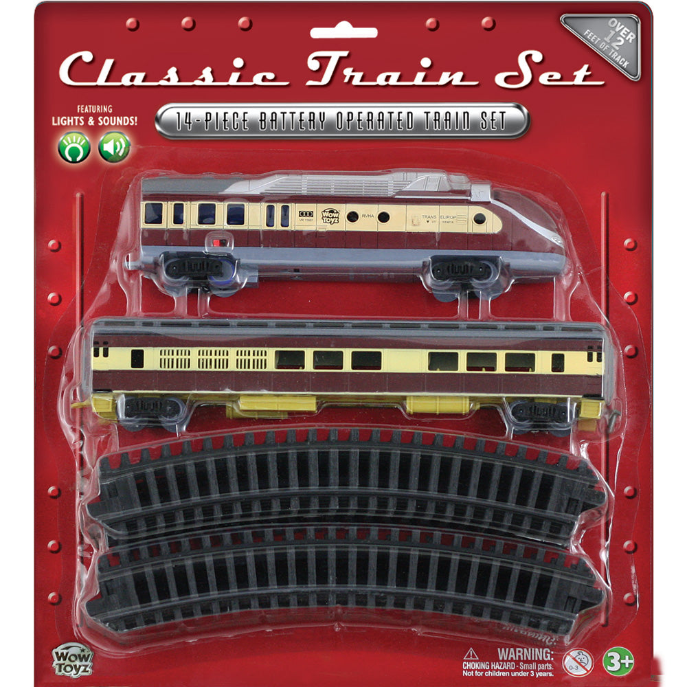 14-Piece Battery Operated Die Cast Metal and Plastic Hobby Model Classic Train Set with Lights & Sounds Diesel Engine, Passenger Car, and 12 Sections of Curved Track. Comes in Convenient Reusable Carrying Case.