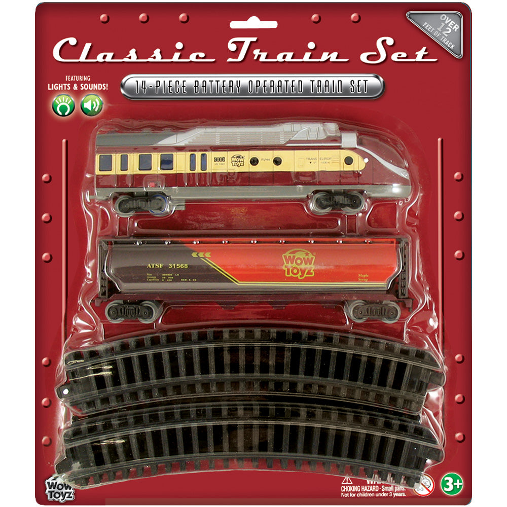 14-Piece Battery Operated Die Cast Metal and Plastic Hobby Model Classic Train Set with Lights & Sounds Diesel Engine, Tanker Car, and 12 Sections of Curved Track. Comes in Convenient Reusable Carrying Case.