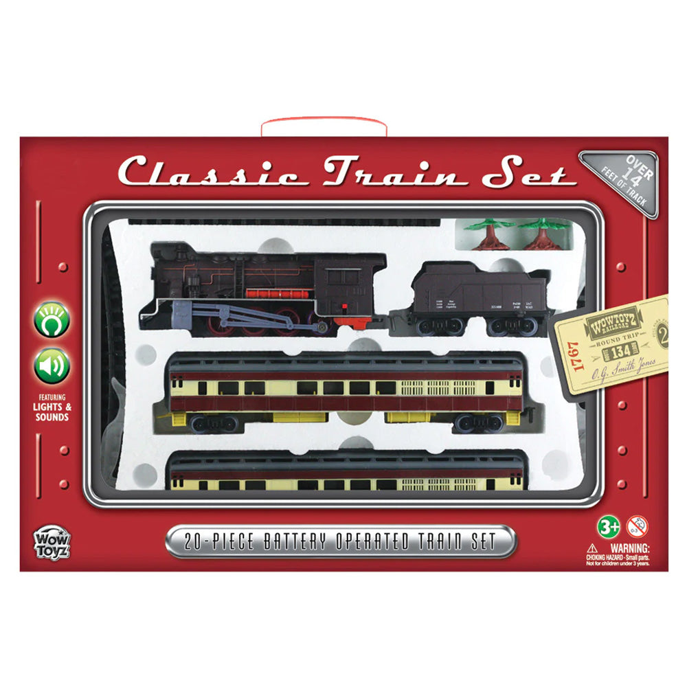20-Piece Battery Operated Die Cast Metal and Plastic Hobby Model Classic Train Set with Lights & Sounds Steam Engine, Coal Car, 2 Passenger Cars, Scale Trees, and 16 Sections of Straight and Curved Track. Comes in Convenient Reusable Carrying Case.
